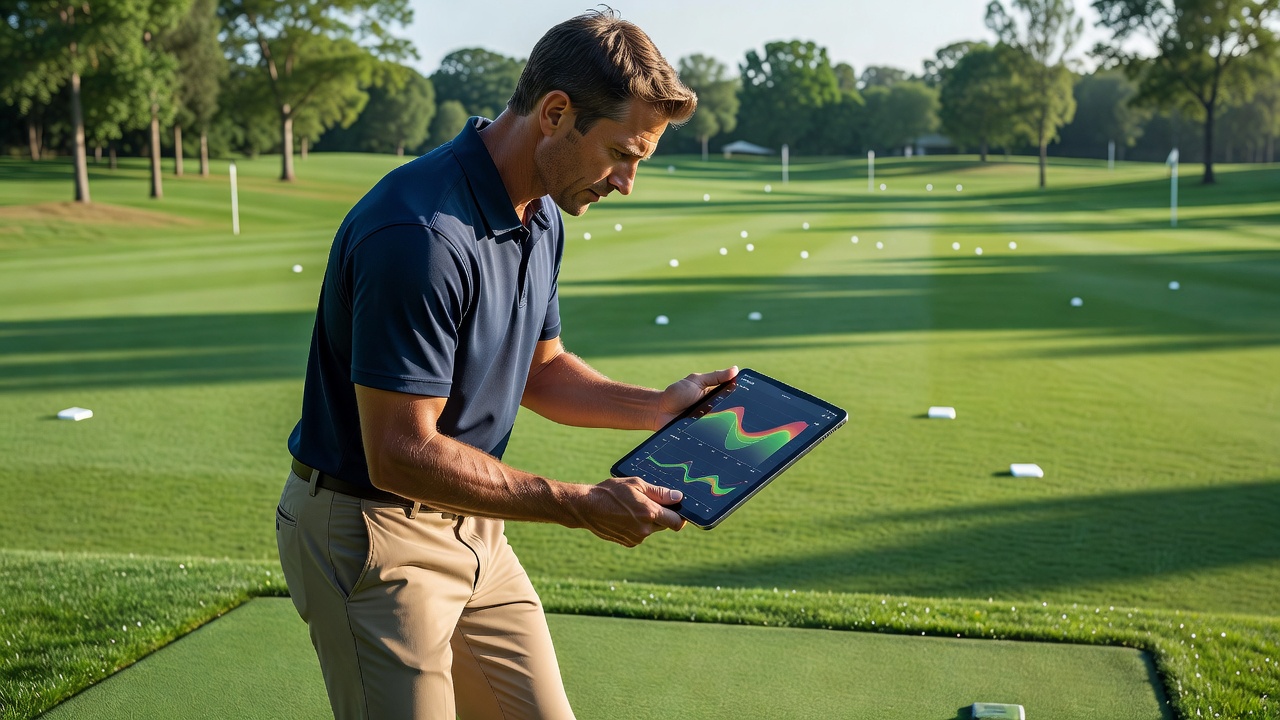 Advanced golfer studying swing data on a device