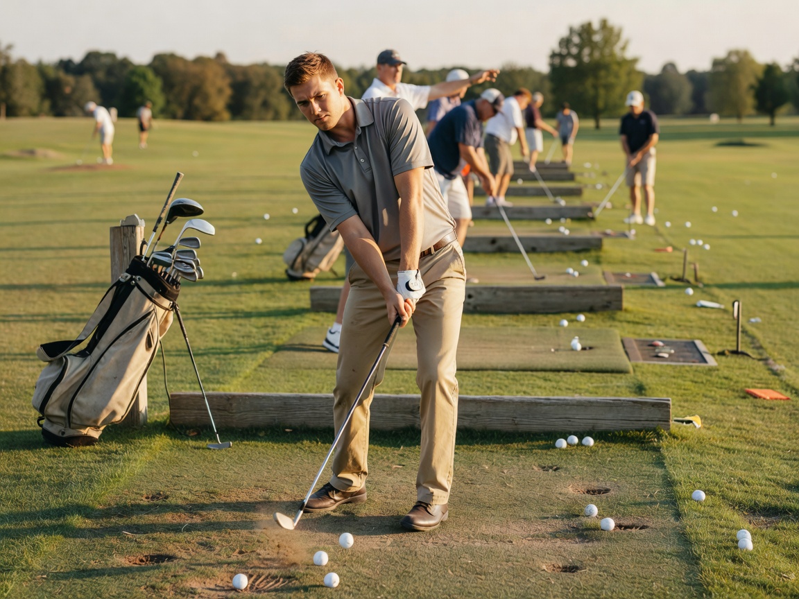 Beginner golfer learning fundamentals on the range