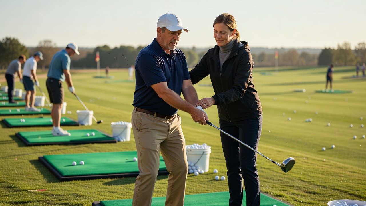 Beginner golfer taking instruction on the driving range