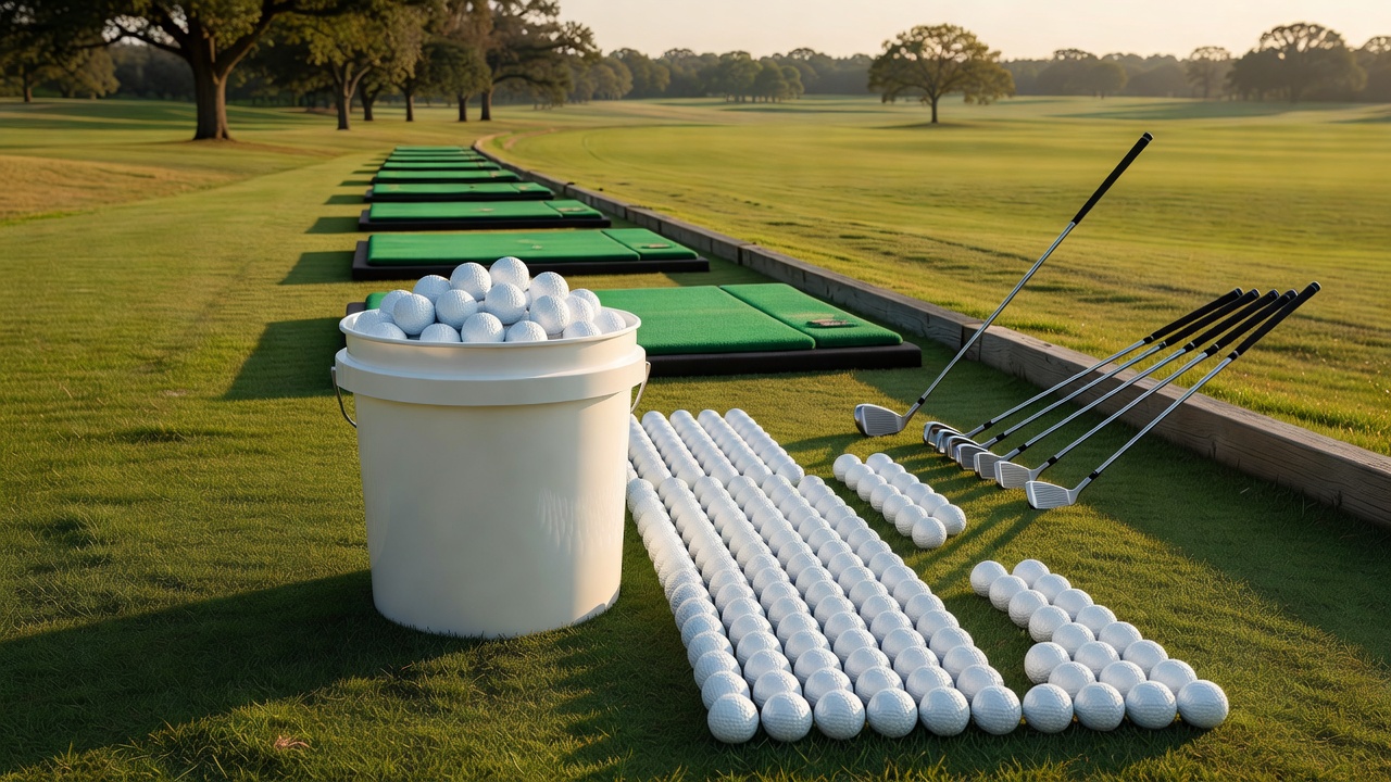 Bucket of golf balls ready for structured practice