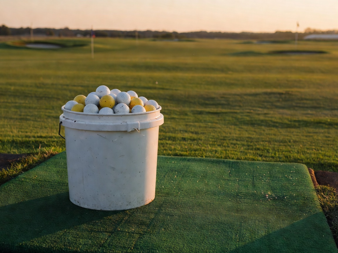 Bucket of practice golf balls on a driving range mat