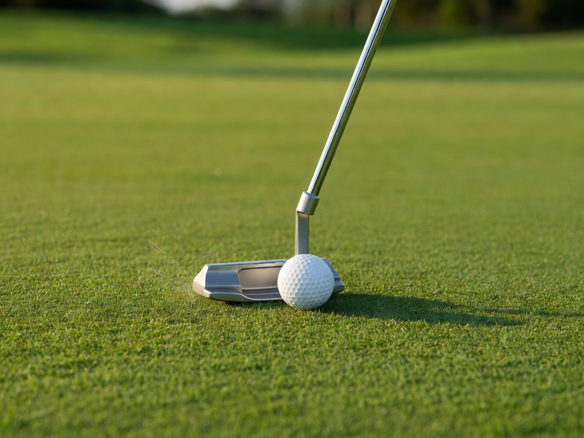 Close up of a golf putter hitting a ball on a green