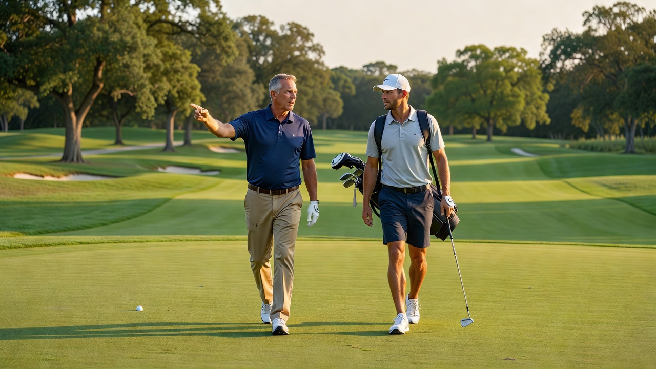 Coach and player walking down a fairway during an on-course lesson