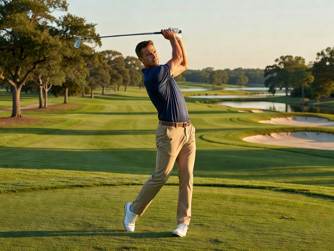 Detailed view of a golfer at the top of their backswing