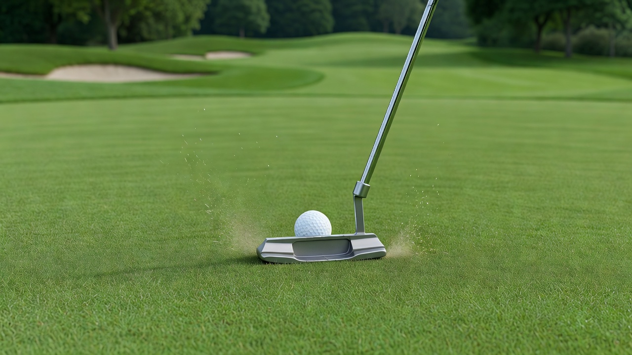 Detailed view of a putter striking a golf ball on a pristine green