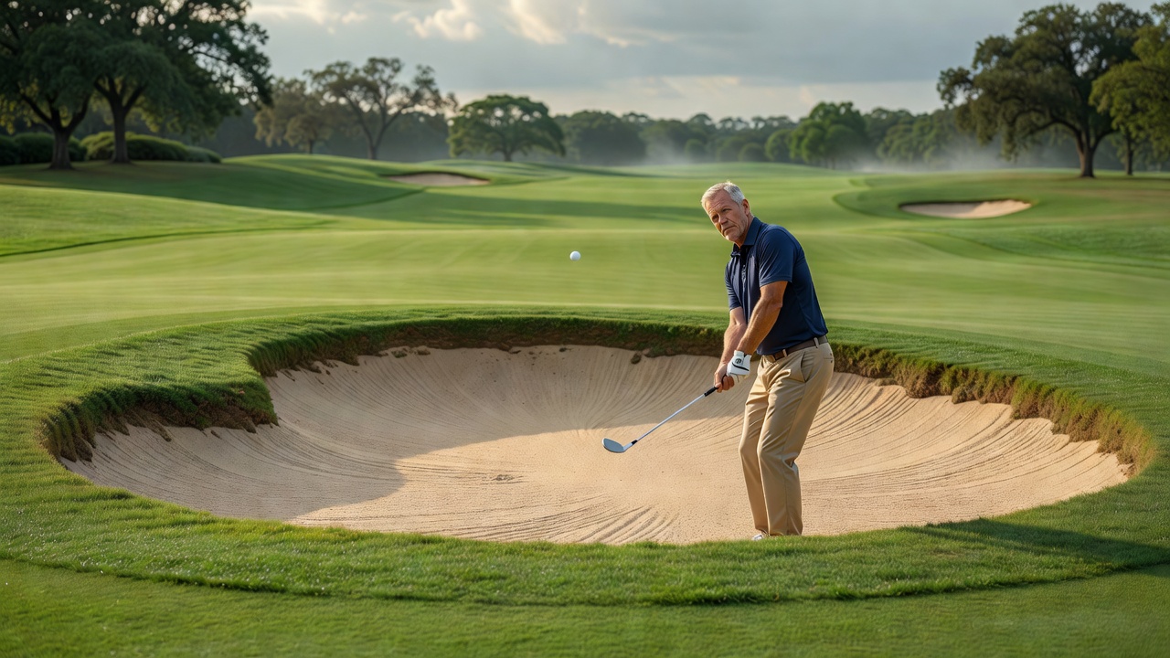 Golfer executing a delicate chip shot near a greenside bunker