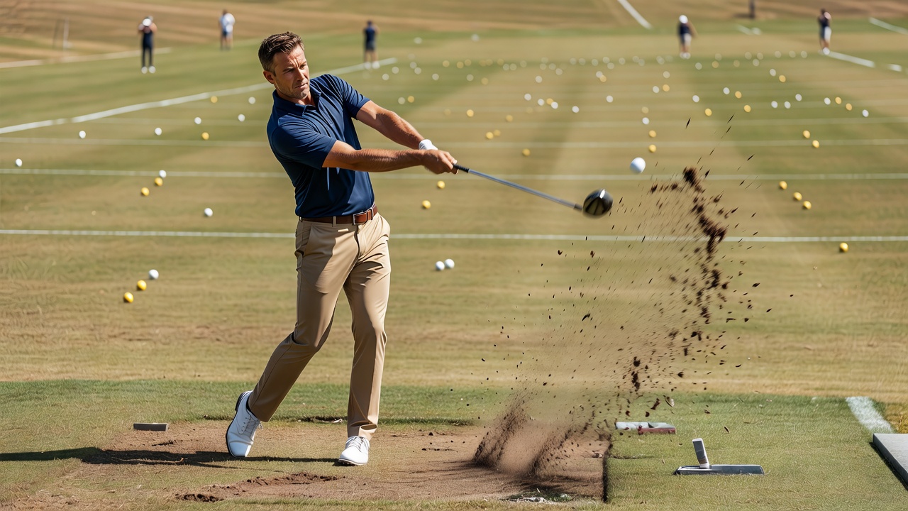 Golfer hitting a powerful drive on the range