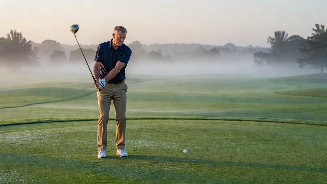 Golfer teeing off on a beautiful misty golf course