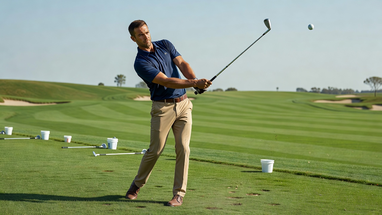 Intermediate golfer practicing iron shots with focused intent