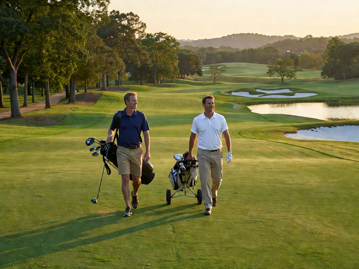 Two golfers walking down a picturesque fairway
